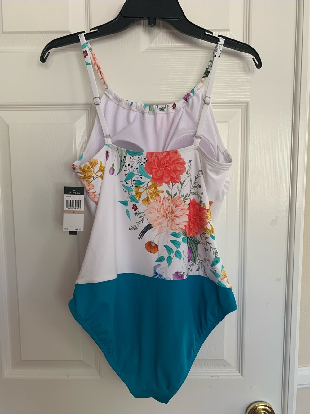 NWT Jantzen Swimsuit: 1-Piece White/Teal Multicolor Floral Top, Ruched Center 12 - Picture 2 of 15